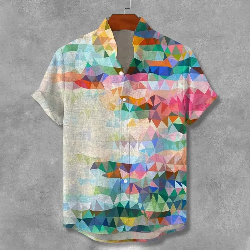 New retro contrasting style linen short sleeved shirt men's colorful patchwork striped printed casual top