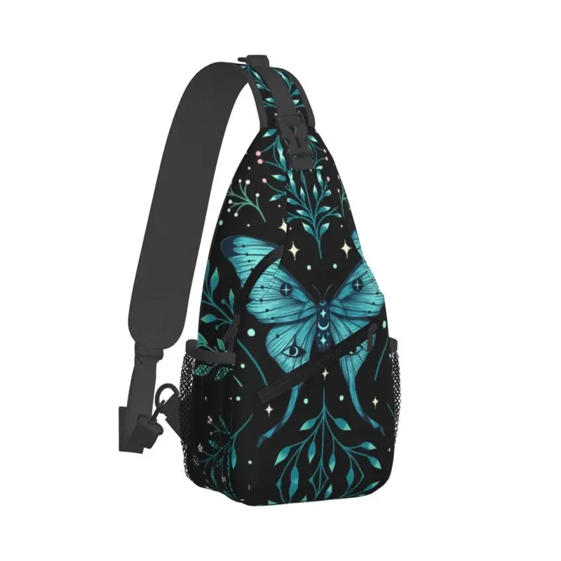 Custom Mystical Moon Moth Sling Crossbody Backpack Men Turquoise Butterfly Shoulder Chest Bag for Camping Biking