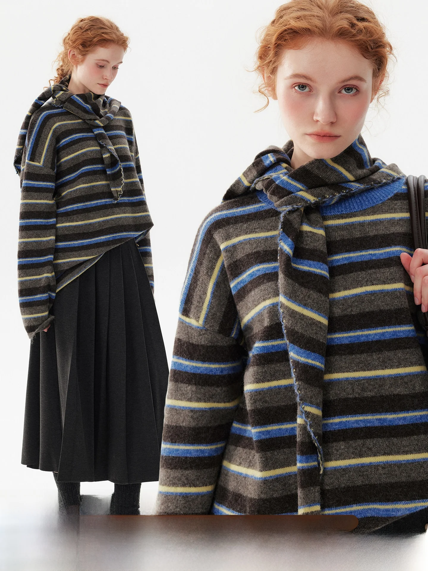 

plus Women's Woolen Knitted Sweater Set with Scarf Shoulder Two-Piece Ensemble Warm Mid-Length Casual Outfit