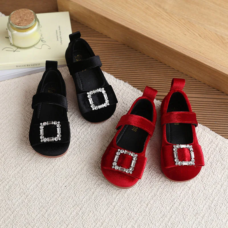 21-30 Size New Spring Kids Nude Shoes Sweet Soft Sole Children Flat Shoes Bow Square Buckle Girls Velvet Princess Shoes
