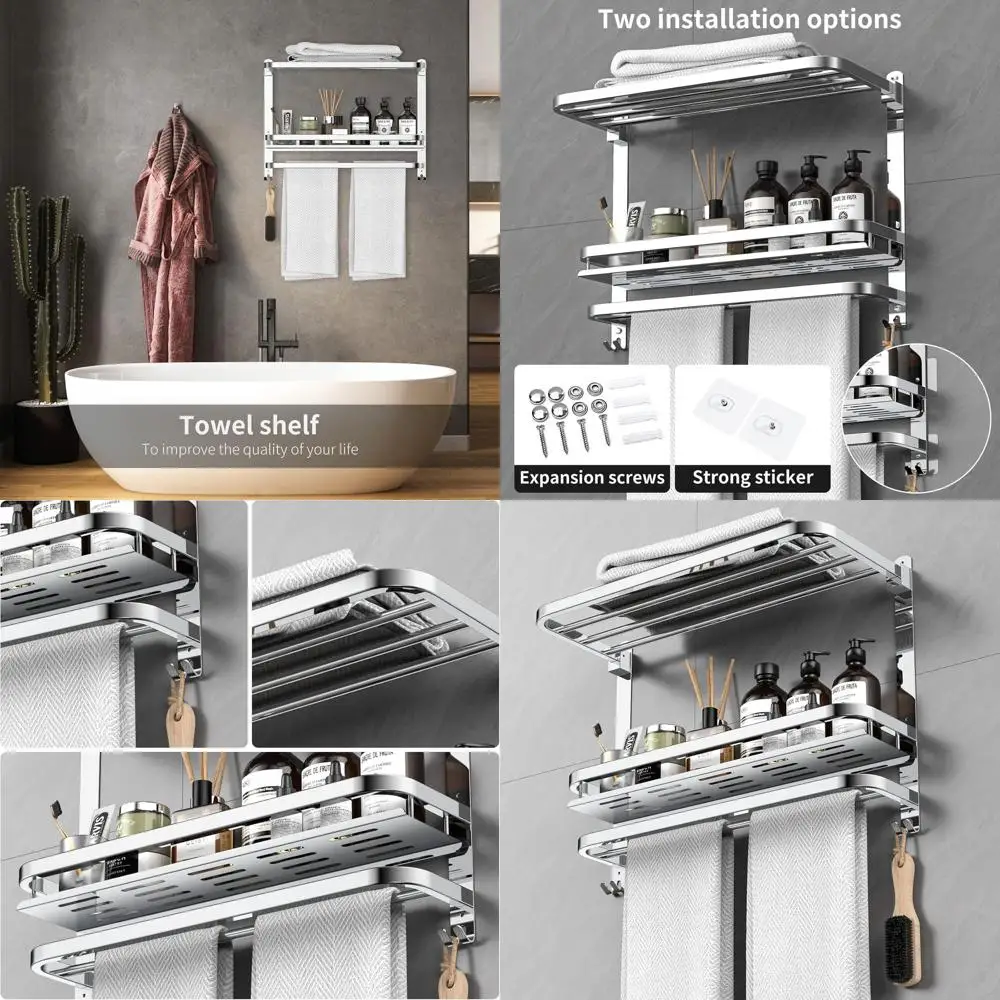 

Настенная вешалка для полотенец из нержавеющей стали 22.8 дюйма для ванной комнаты, складная, без сверления, с полками-органайзерами для душа