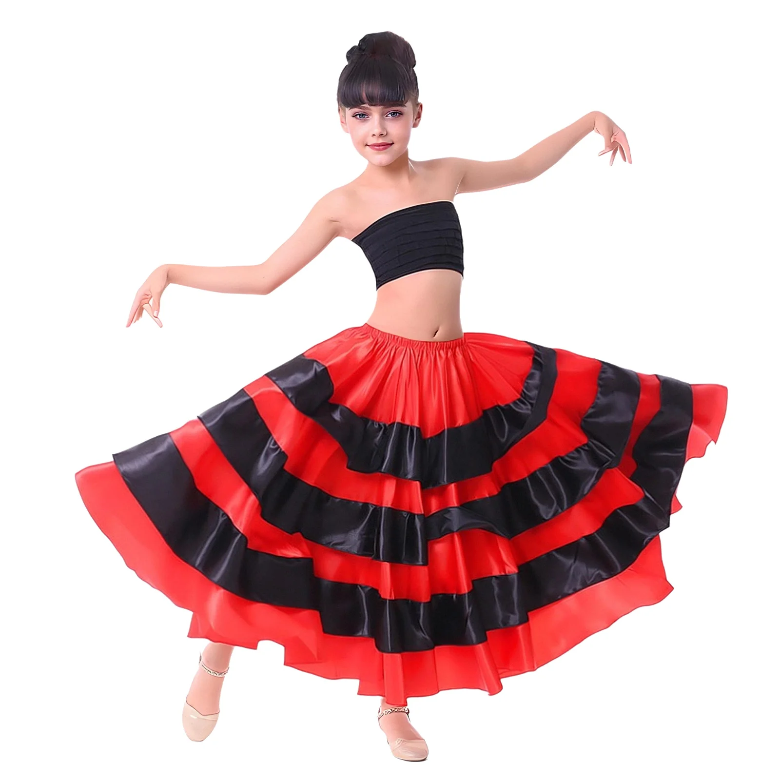 Red Black Kids Girls Tiered Ruffles Wide Hemline Satin Skirt 180 360 Degrees Spanish Flamenco Ballroom Dance Performance Costume