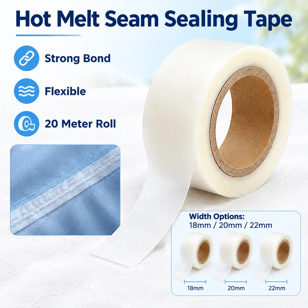 1-5Rolls 20Meters 18/20/22mm Hot Melt Seam Sealing Tape, Iron-On Waterproof PU Coated Fabric Repair Tape for Tents Clothing