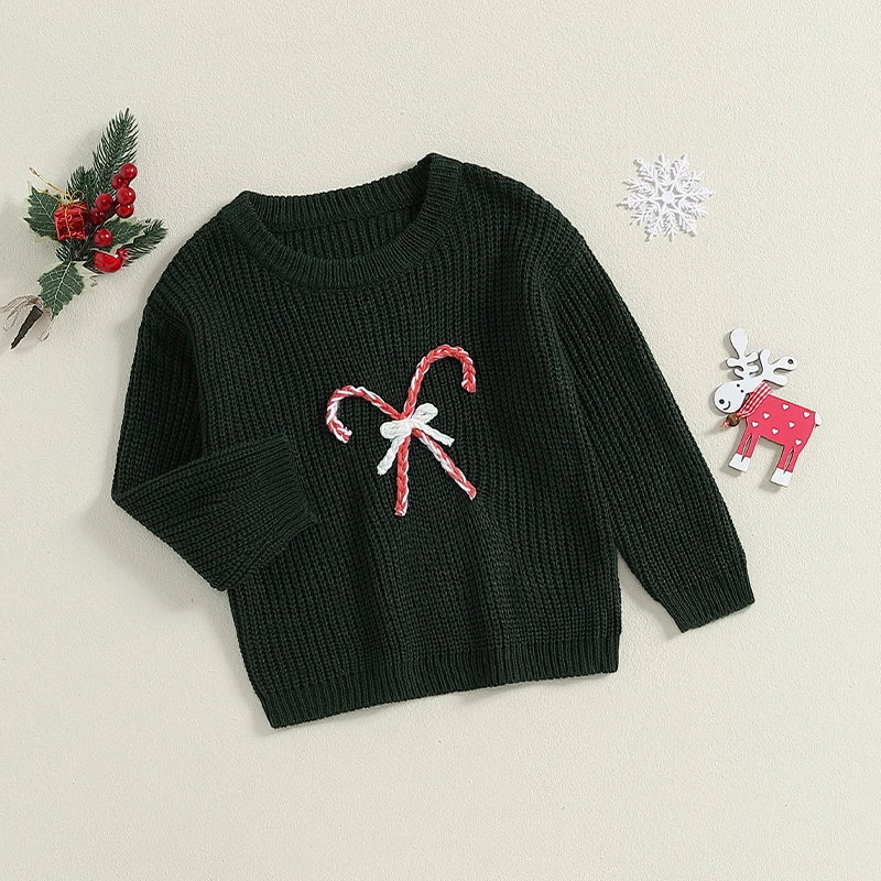 2024-06-24 Lioraitiin Little Boy Girl Christmas Sweater Santa Claus/Candy Cane Embroidery Long Sleeve O-Neck Knitwear Pullover