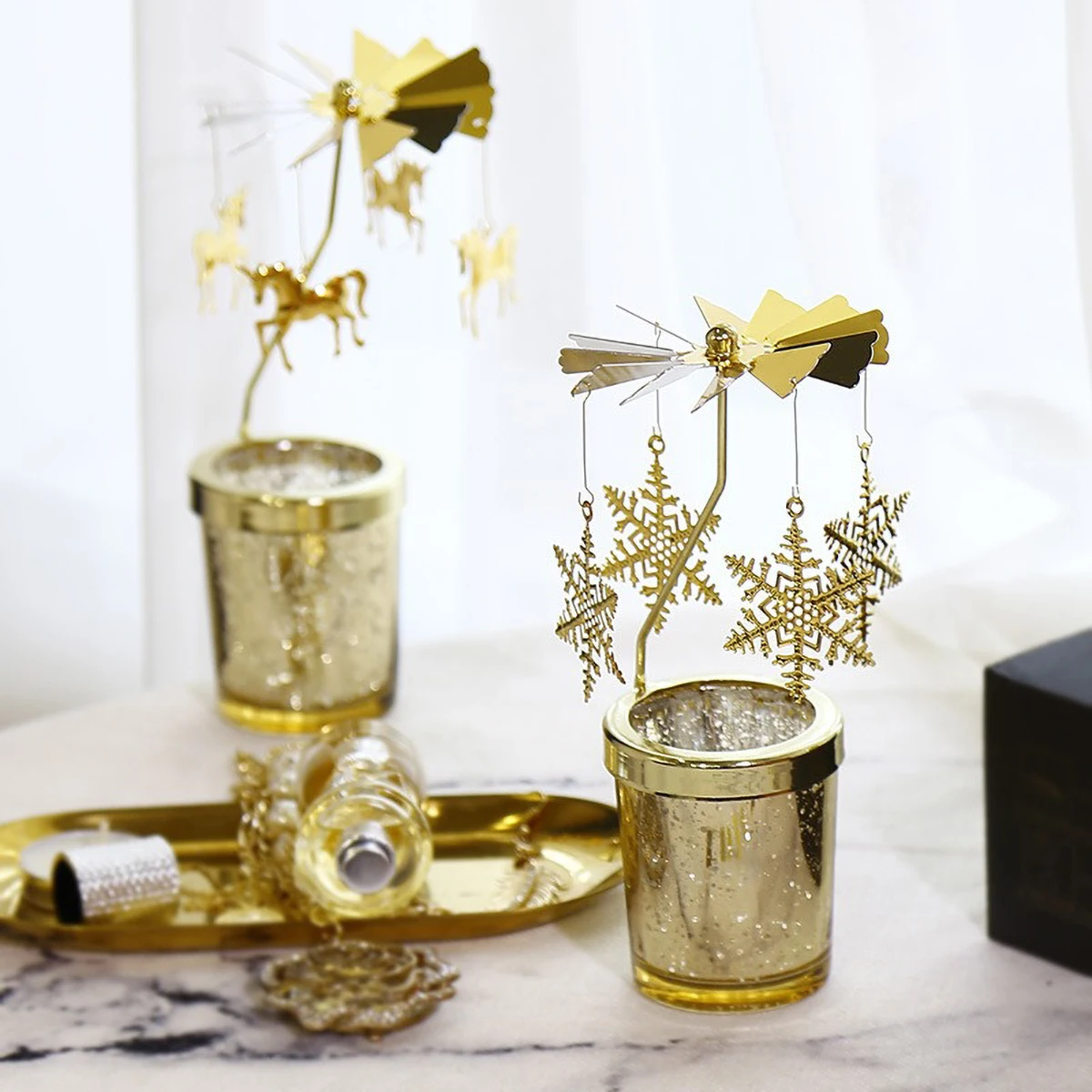 Gold Metal Rotating Tealight Candle Holder for Table Design Candlesticks‌ - Elegant Dining Room Decor, Unique Centerpiece