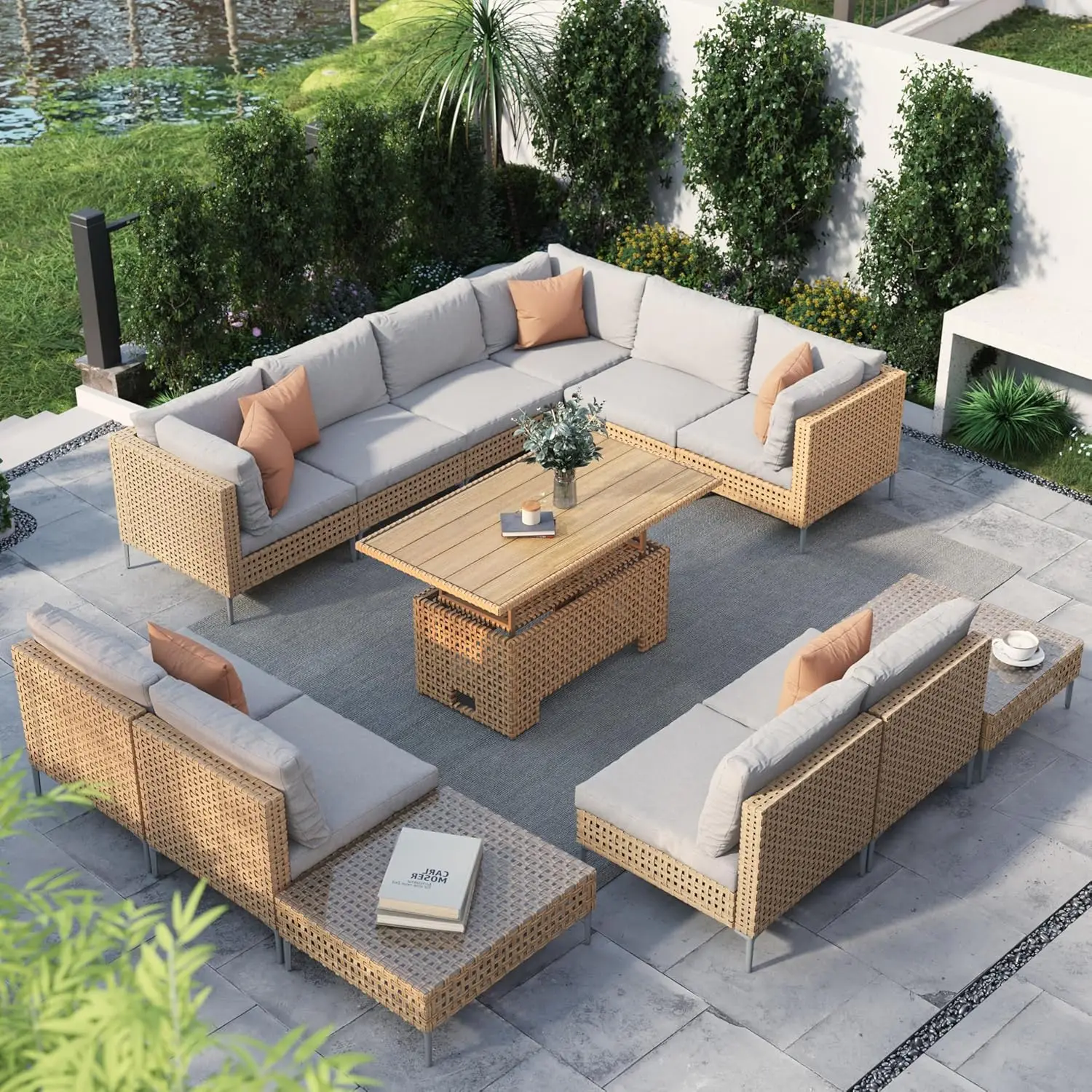 13-Piece Wicker Patio Furniture Set with Lift Top Coffee Storage Table,Sectional Sofa with Water Resistant Thick Cushions, Beige