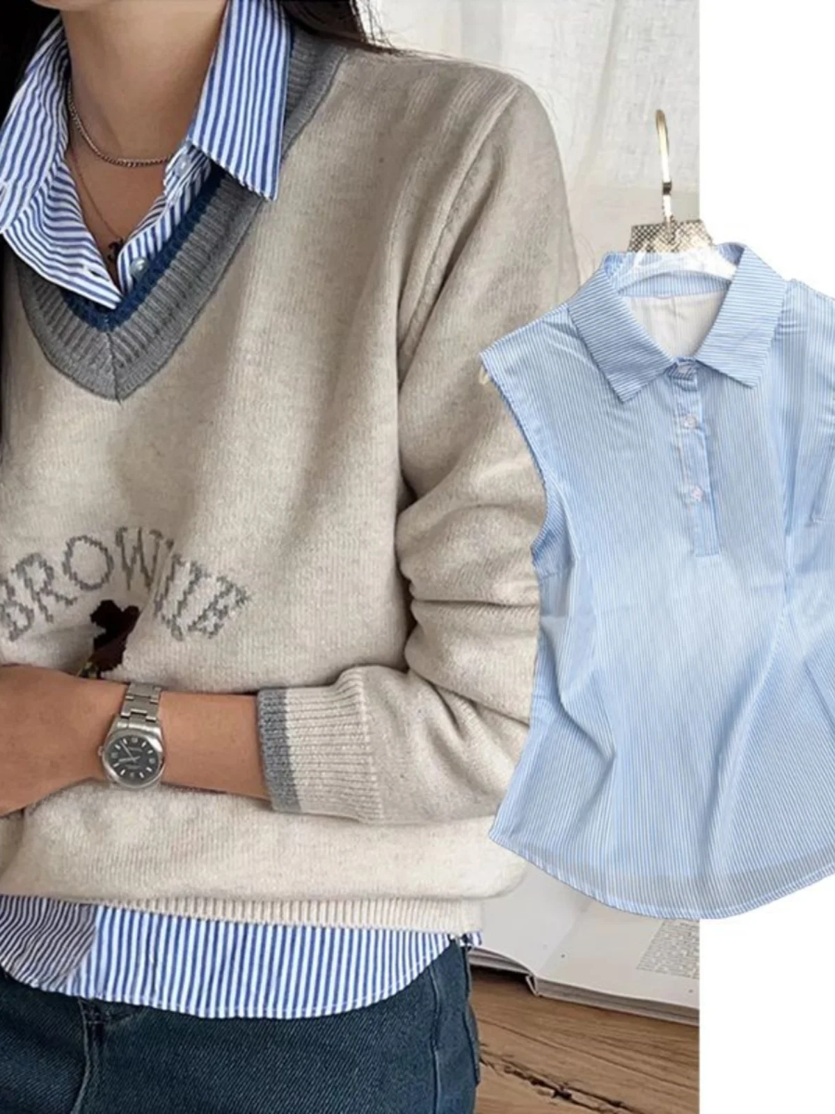 

Blue Striped Ne Svel irt Women's Base Layer Top Inner Wear Outer Wear Small irt Upper Apparel Turn-down Collar