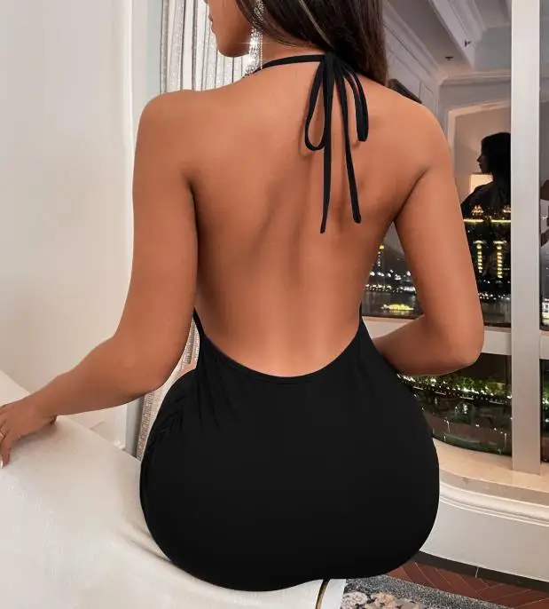 

Womens Dresses 2026 Spring Summer New Solid Color Hanging V-Neck Sleeveless Sexy Backless Slim Fit Party Mini Dress