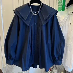 Spring Autumn Women Doll Collar Cardigan Blouse Korean Female Loose Solid Color Shirt Tops Lady Fashion Lantern Sleeve Shirts