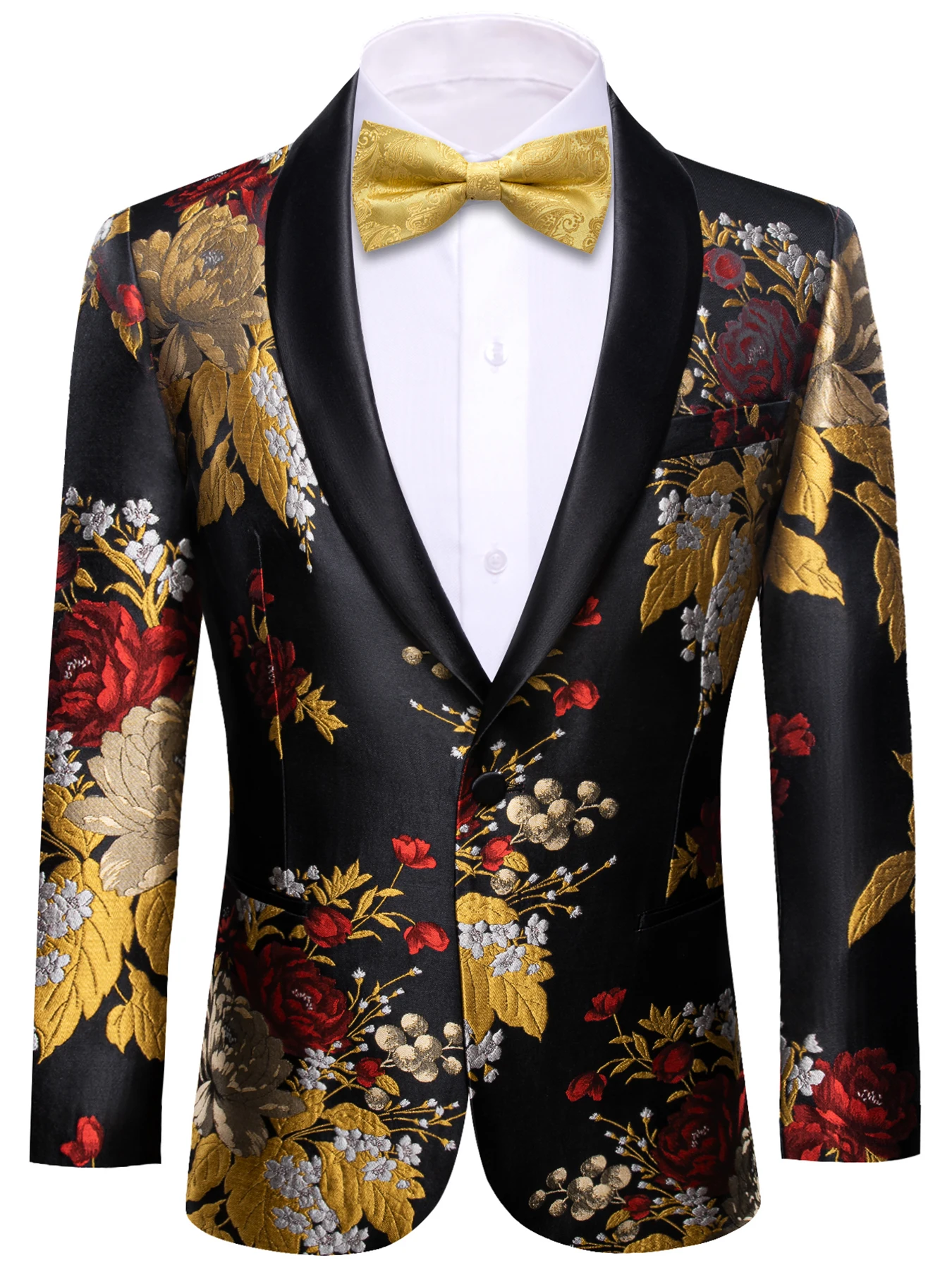 بدلة رجالية بقصة ضيقة معطف زفاف من قماش الجاكار مزين بالزهور وزر واحد وياقة مسطحة وألياف بوليستر مقاومة للتجاعيد