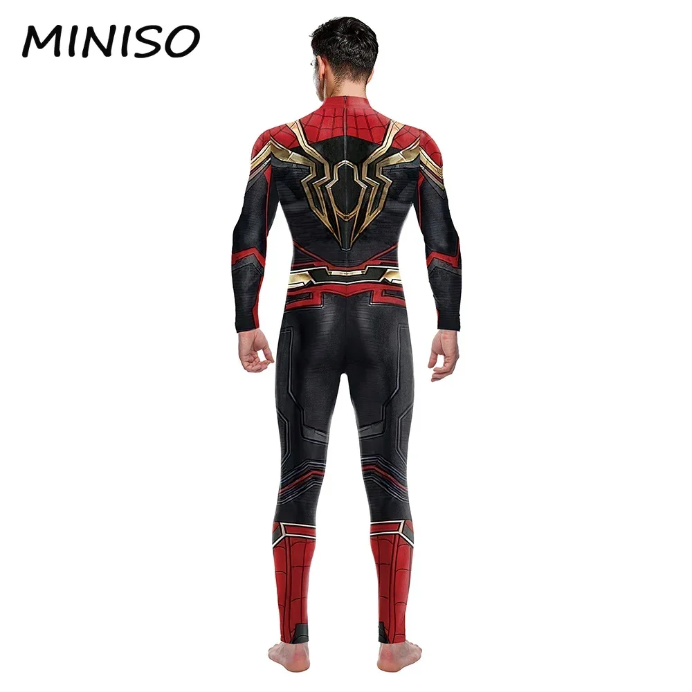 Miniso Spinnen muster gedruckt Mann Zentai Bodys zurück Reiß verschluss Overall Cosplay Film Superhelden Kostüm Halloween Bühnenshow