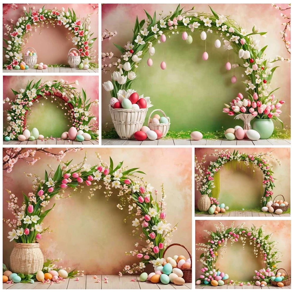 

MOON.QG Easter Floral Arch Backgrounds For Photographs Blossom Egg Backdrop Photobooth Birthday Photo Studio Photozone Photo