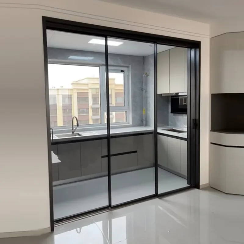for Kitchen Balcony Aluminum Alloy Three Linkage Sliding Door System Hanging Rail Changhong Glass Ghost Barn Door