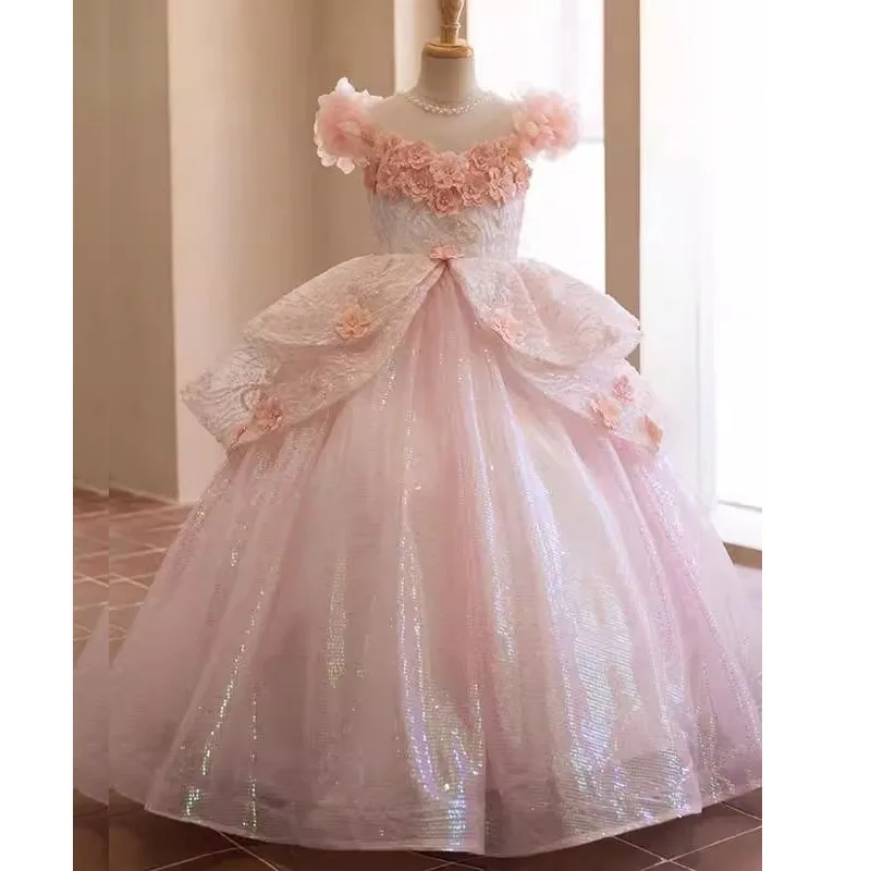 

Evening High End Birthday Girls' Dress Pink Piano Performance Princess Dress Children's Light Luxury Host Tutu Long Dress