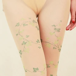 Women's Sexy Green Leaf Printed Tights 100D Stretch Hight Waist Retro Pantyhose Female Velvet Floral JK Panty Hose Silk Socks