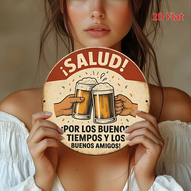 2D Flat, 1pc 8x8 Inch Vintage Aluminum Metal Sign - Spanish "Por Los Buenos Tiempos Y Los Buenos Amigos" Cheers Bar Decor, Rusti