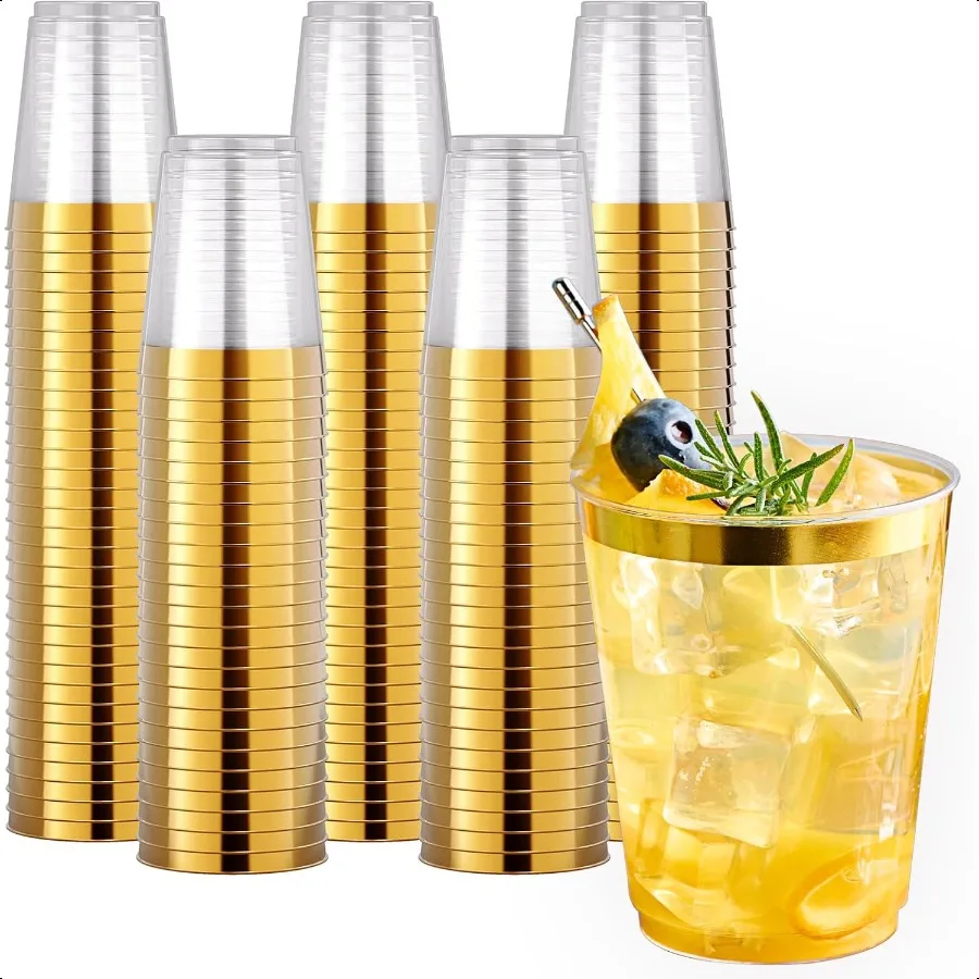 

200 упаковок, 10 унций, золотые пластиковые стаканчики, элегантные сверхпрочные чашки с золотой оправой для чашек для свадебной вечеринки