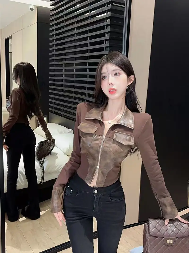 

Pure Sweet Short Top for Women's Autumn and Winter American Tie-dye Double Zipper Cardigan Maillard Shirt Jacket