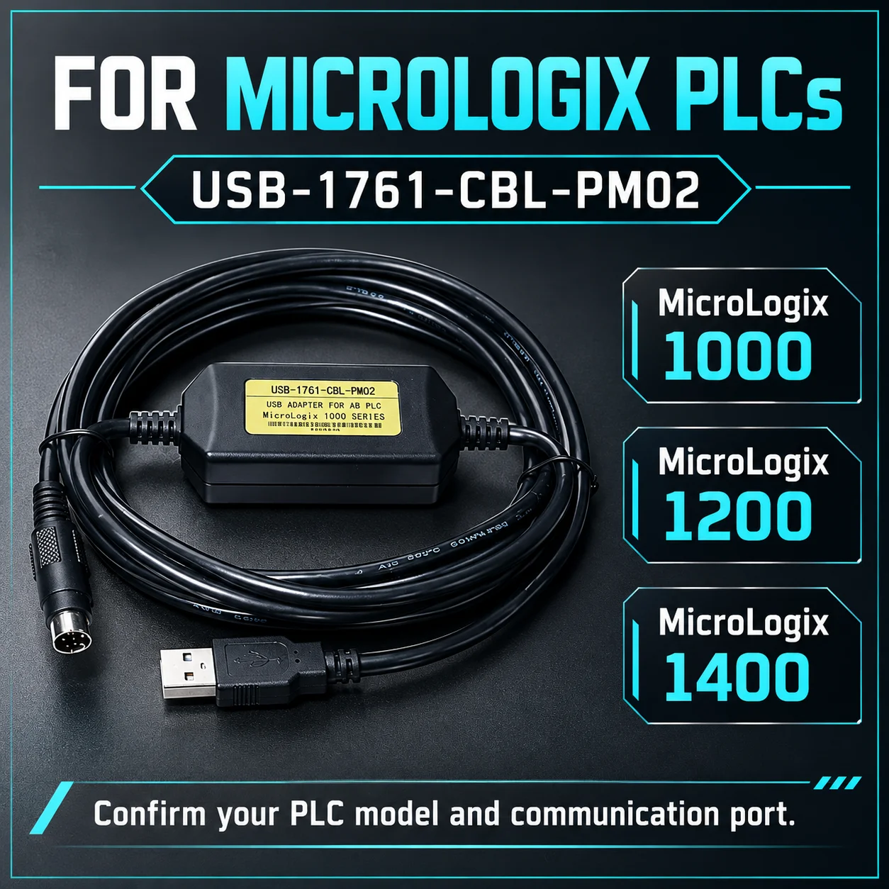 USB-1761-CBL-PM02 USB to 8-Pin Mini DIN Cable 3M for MicroLogix 1000 1200 1400 PLC Programming and Maintenance