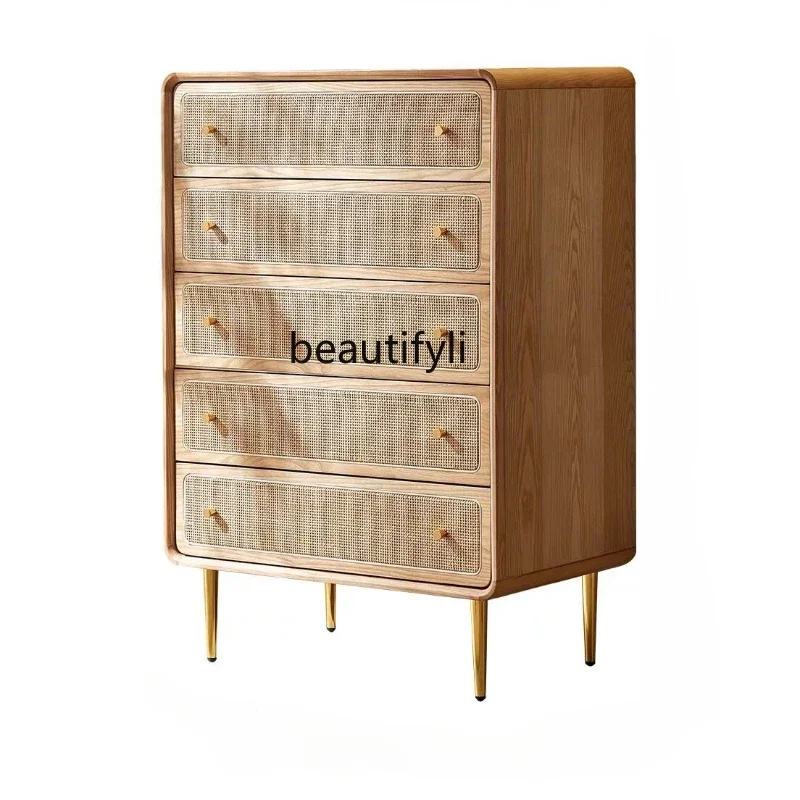 

Nordic Solid Wood Rattan Chest of Drawers Storage Cabinet Household Sideboard Cabinet Locker Entrance Cabinet