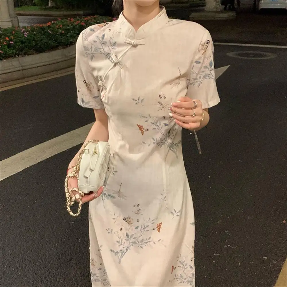 

Improved Qipao Women's Summer 2024 Young Girl's Waist Waist Slimming Modern Chinese Dress Printing Party Dresses Cheongsam New