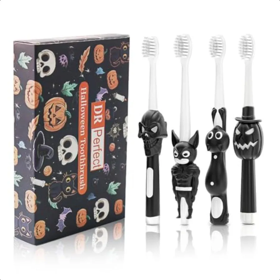 DR PERFECT Halloween-Handzahnbürste, weiche Borsten, 4 Stück, eine Packung, ein Skulla-Fledermaus, eine Pumpkina-Katze im Lieferumfang enthalten