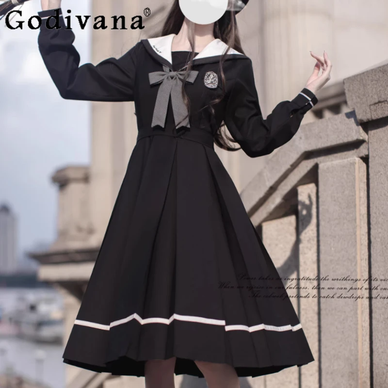 

Autumn Winter Black Elegant Age-reducing College Navy Collar JK Dress Fashion Versatile High Waist A-line Long Sleeve Dresses