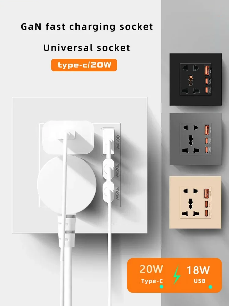 International universal five-hole socket with smart usb dual TypeC20W, fast charging wall usb C power outlet panel AC110V-250V