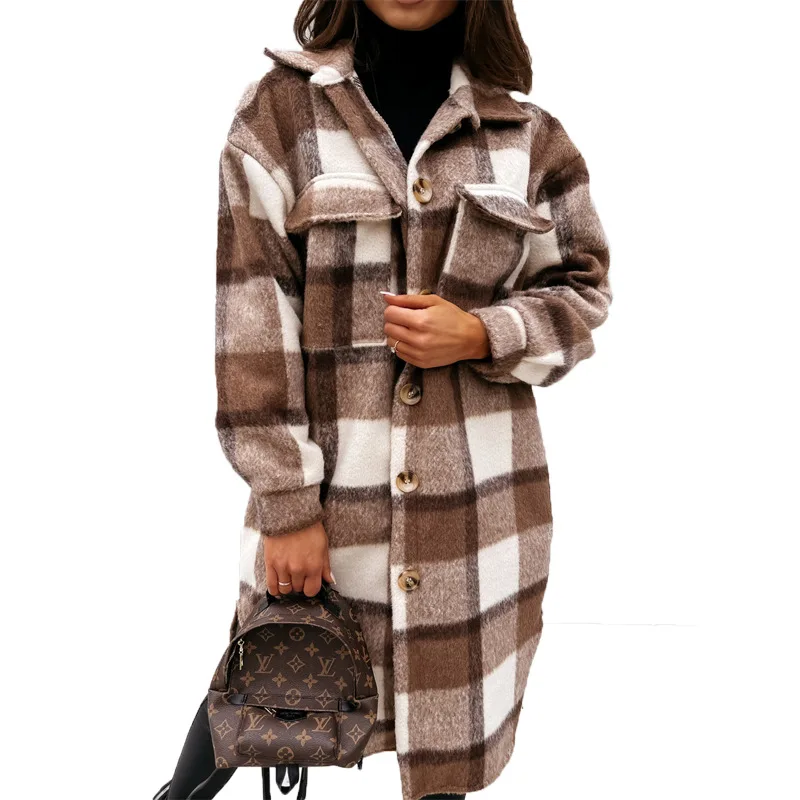 

Women Wool Jackets Outerwear Blends Cardigan Single Breasted Coat Plaid Trench Overcoat Long Sleeve Loose Buttons Casual 2025