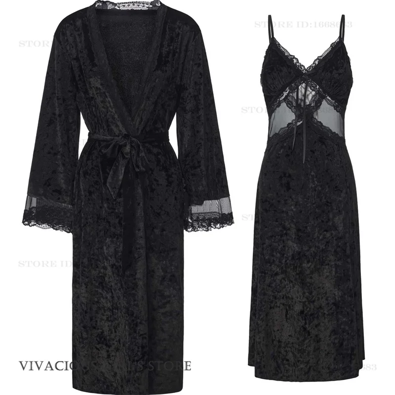 Autumn Winter New Female Sleepwear Elegant Velvet Long Robe Nightgown Set Sexy Hollow Out Lace Lingerie Nightwear Homewear