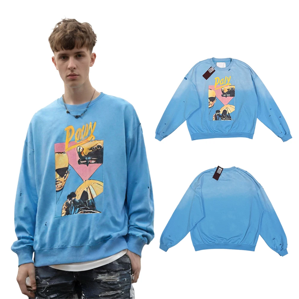 Y2k Streetwear Film Graphic Sweatshirts Street Style Heavy Weight Cotton Distressed Ripped Hole Casual Crewneck Sweatshirts Mens