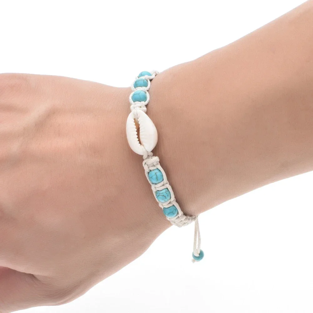 Pulsera tejida de concha de estrella de mar de verano, cuerda de cera ajustable Unisex, tobillera con cuentas turquesas, pulsera para mujeres y hombres, joyería de playa Bohemia