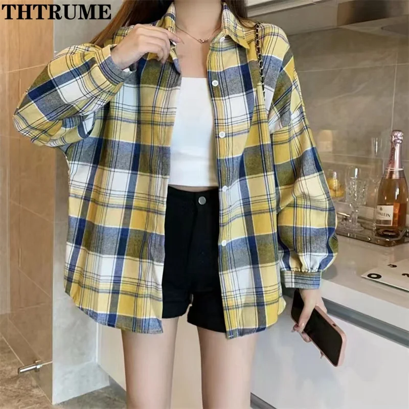 Elegant Plaid Loose Straight Shirts Fashion Women Korean Harajuku Autumn Long Sleeve Lapel Shirt Casual Communte Button New Tops