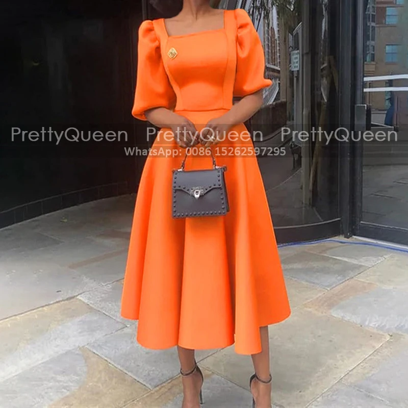 

Tea Length A Line Bridesmaid Dresses With Half Sleeves Square Neck Customized Orange Satin Wedding Party Dress Formal