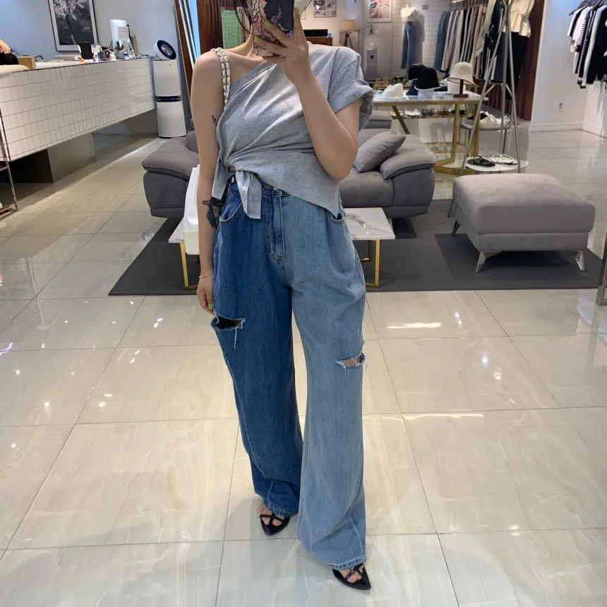 REALEFT летние винтажные женские джинсовые брюки с дырками, новинка 2025 года, цветные лоскутные повседневные свободные прямые джинсы с высокой талией, женские брюки