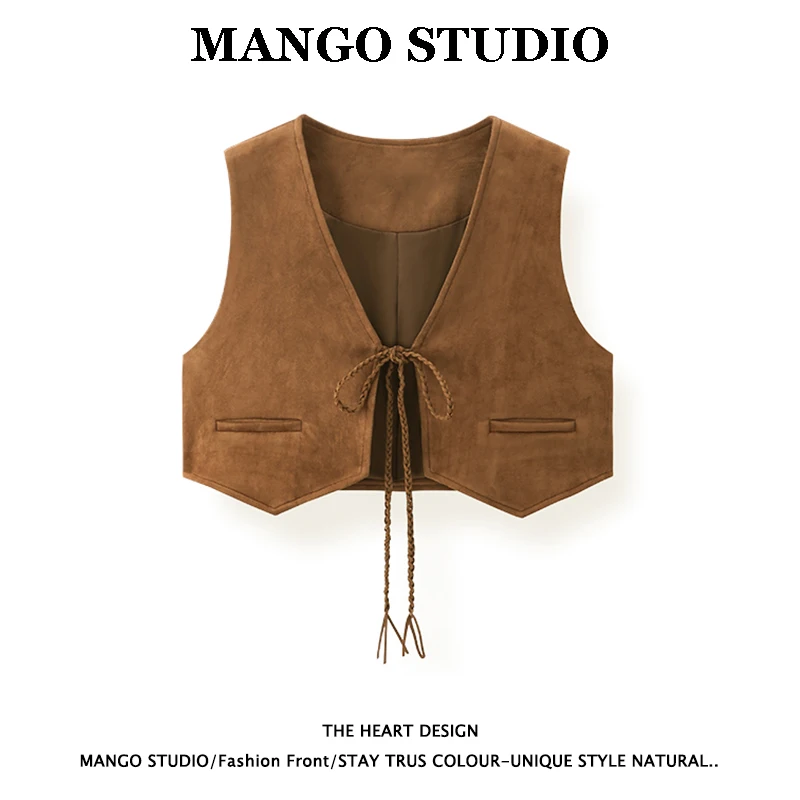 

Коричневый замшевый жилет в стиле ретро, женский многослойный V-Ne Jaet, осенне-зимняя верхняя одежда, маленькое пальто с поясом