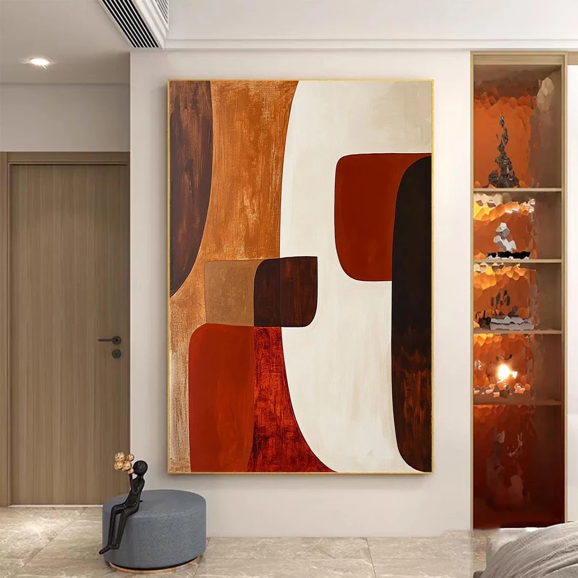 Großes abstraktes geometrisches handgefertigtes Gemälde, dunkelbraunes Gemälde, rote Wandkunst, beige, minimalistisches Leinwandgemälde, Wohnzimmer-Deko
