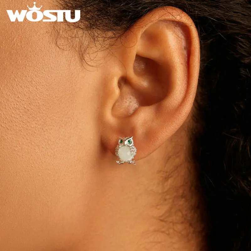 WOSTU 925 Sterling Silver Luminous Night Pearl Shell Owl Flower Earrings for Women Gift Trendy Animal Jewelry