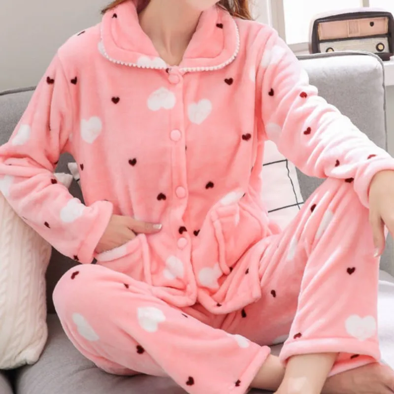 

New Women's Autumn and Winter Warm Pyjamas Homewear Suit Coral Velvet Pajamas Girls Padded Thickened Sweet Flannel Homewear