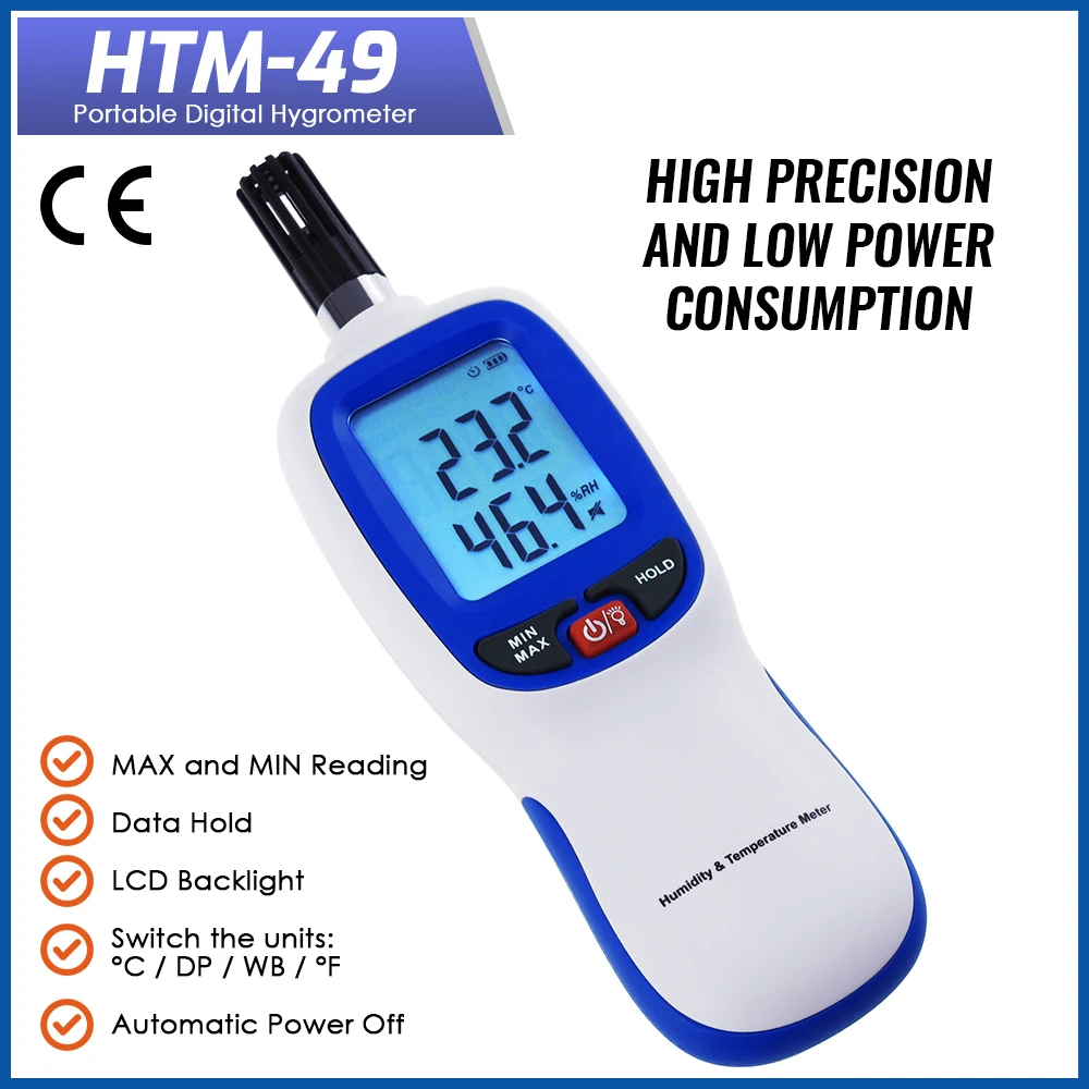 

Digital Hygrometer Humidity & Temperature Meter Dew point and Wet-bulb Temperature range -20~70degC Humidity range 0~100%RH