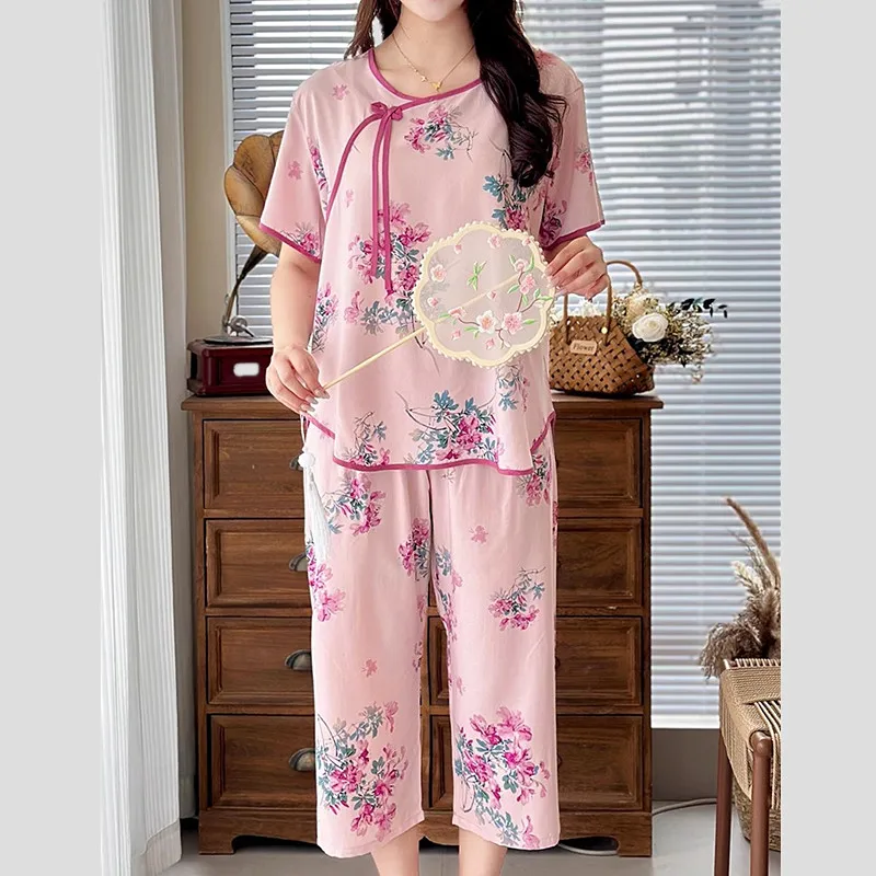 New Chinese Style Cotton Rayon Sleepwear Set Short Sleeved Pants Suit Loose Home Clothes For Women Lounge Night Wear Pajamas