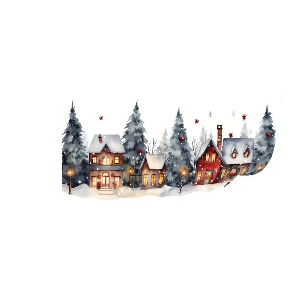 Watercolor Style Christmas Village Window Stickers 2D Flat Pattern Static Adhesive Winter House Pine Tree Stickers Vivid Color