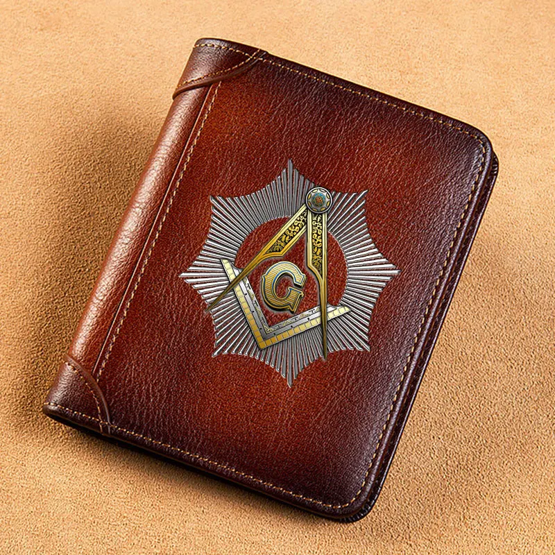 

Vintage High Quality Genuine Leather Wallet Freemasonry Theme Printing Standard Short Purse BK3609