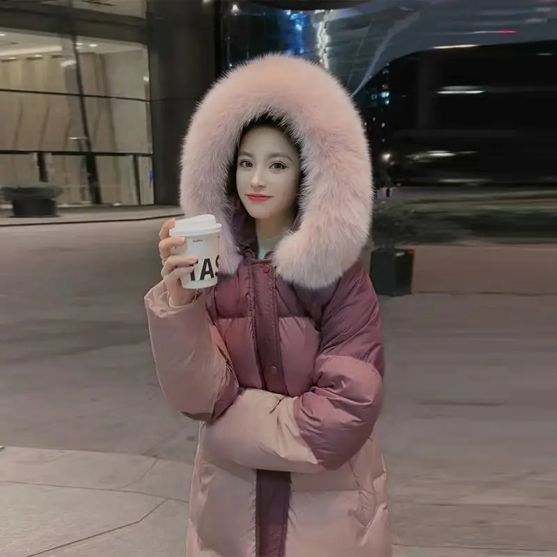 Winter Long Natural Fur Collar Patchwork Down Jacket Female Hooded Warm Outwears Women White Duck Down Parker Knee Length Jacket