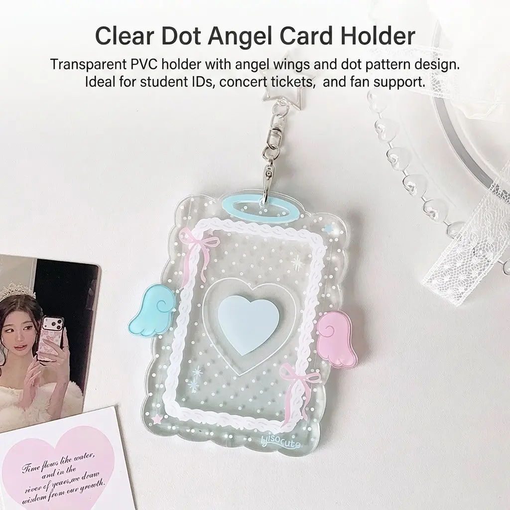 3 Inch Card Holder Transparent PVC Polka Dot Texture Cute Angel Wing Design Card Collectors For Student ID Concert Tickets