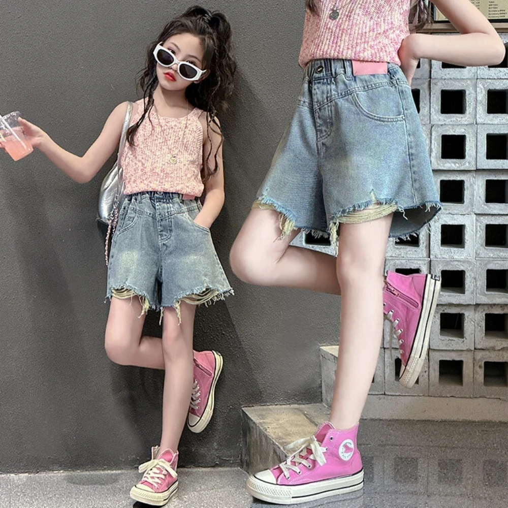 Fashionable Girls' Stylish Summer Broken Denim Shorts Children's Trendy Outerwear Short Pants Mini Jeans Kids Short Trousers