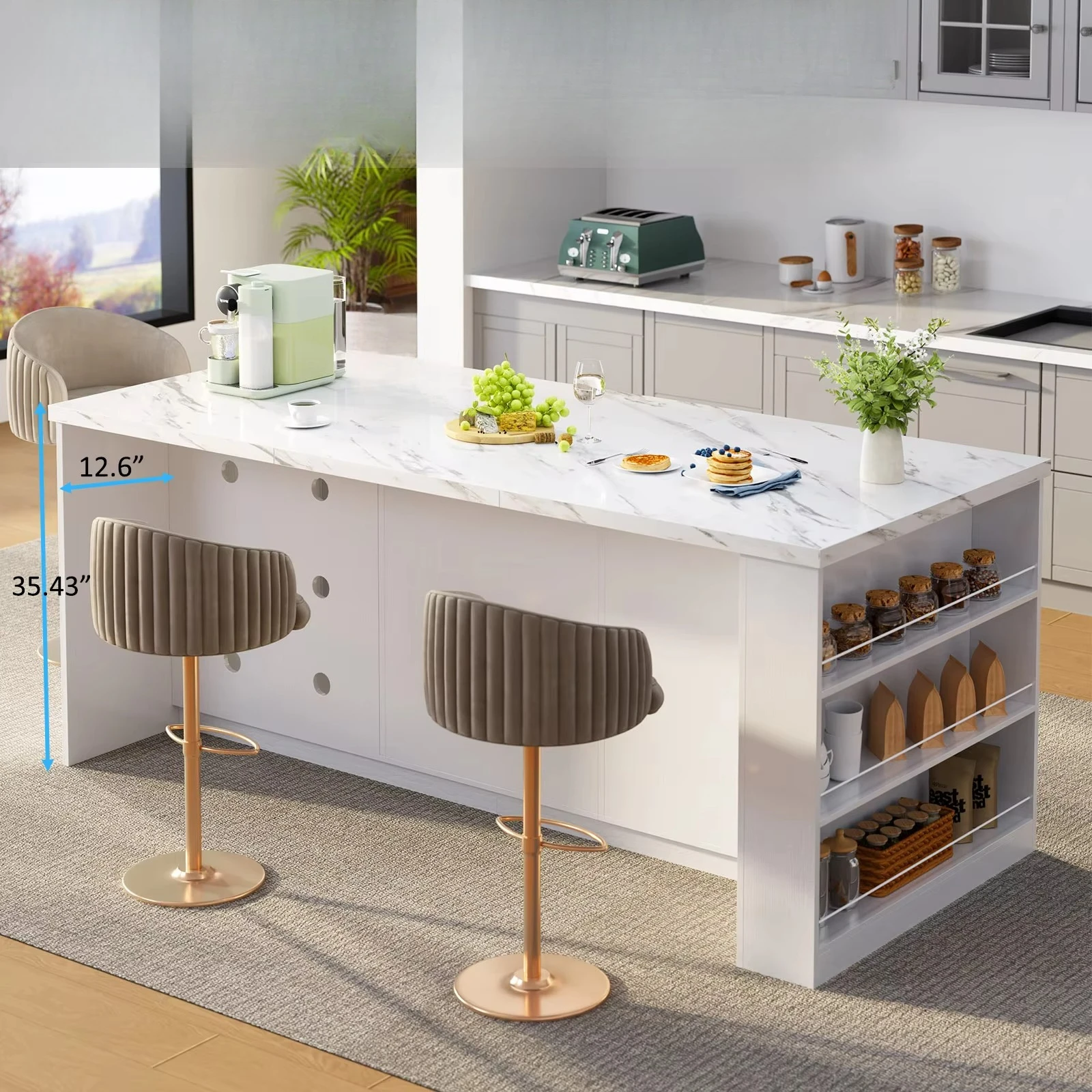 2026 New Design Luxury Modern with Marble Veins Wood Large Kitchen Island Dining Room Table with Storage Drawers and Seating