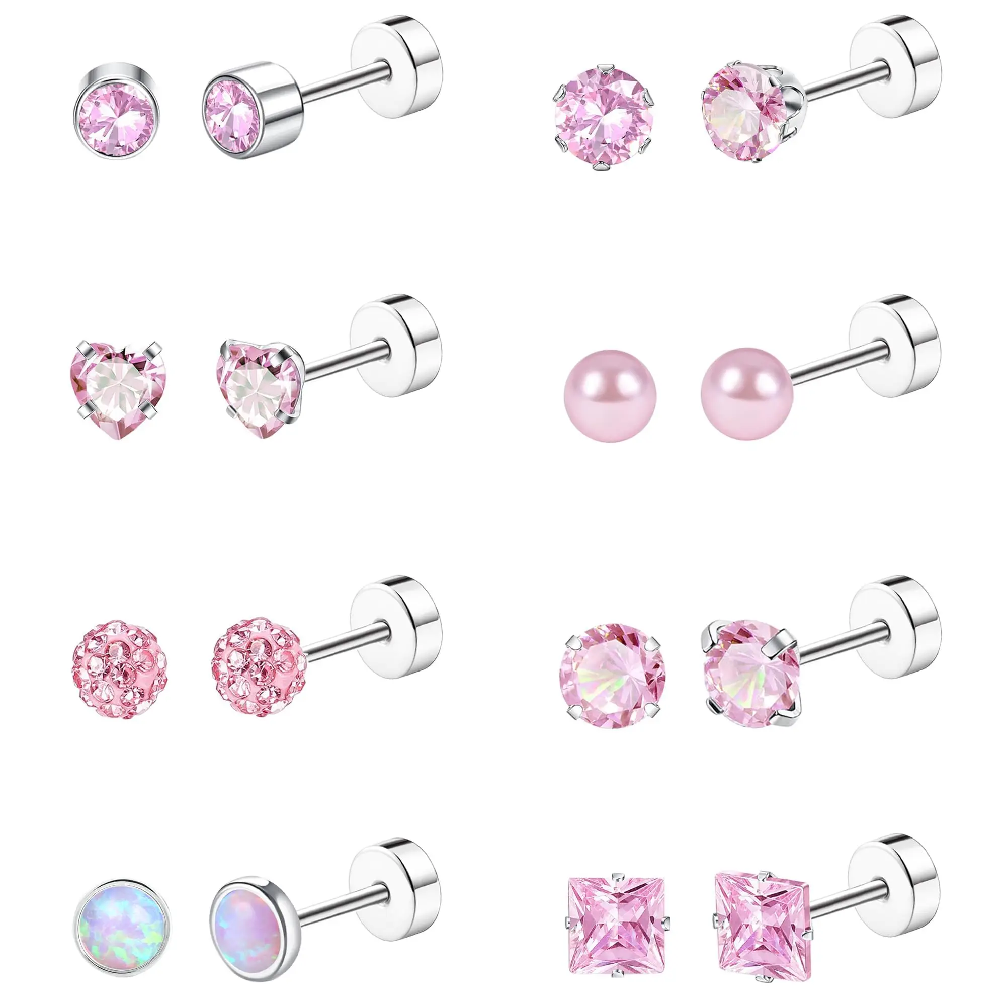 8 Pairs  Earrings for Women Men Hypoallergenic Flat Back Stud Earrings for Sensitive  Opal CZ Pearl Small Nap Sleeper Earrings