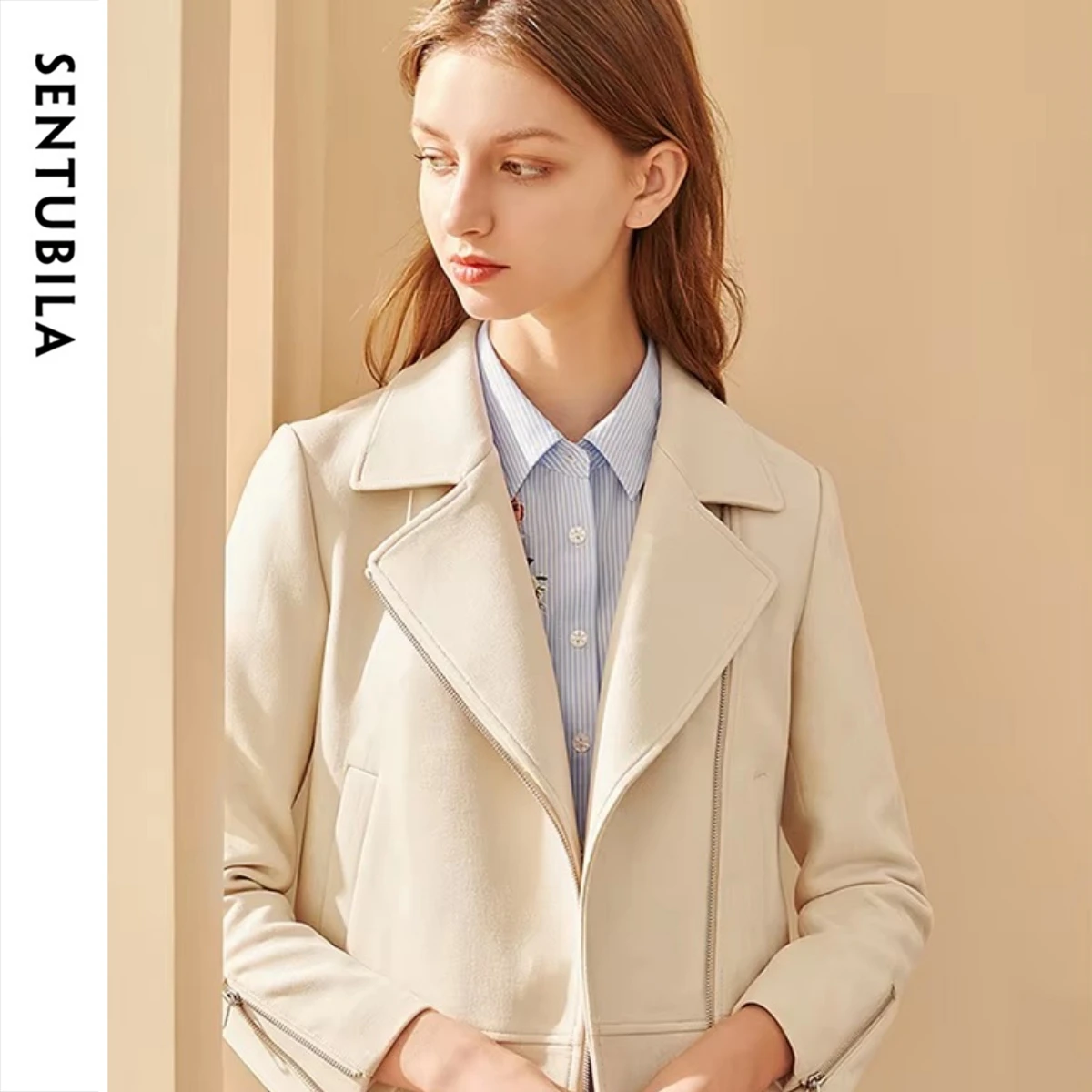 SENTUBILA Women's Jacket Autumn Long Sleeve Zipper Turn Down Collar Short Coat 2026 Apricot Commute Female Outerwear 143W56647X