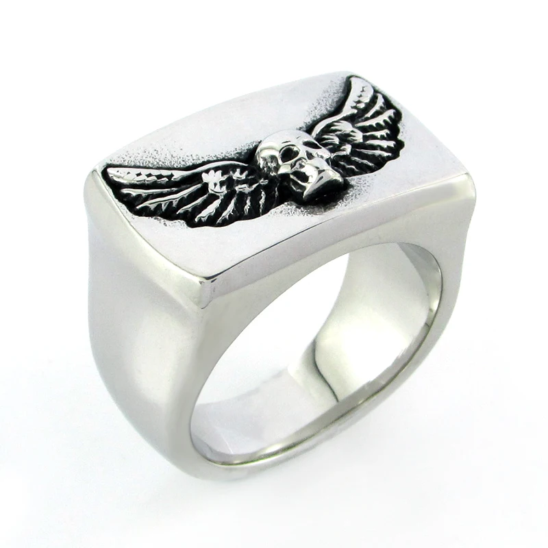 Punk 316L Stainless Steel Feather Skeleton Rings Cool Silver Color Black High Polishing Wings Skull Ring Jewelry